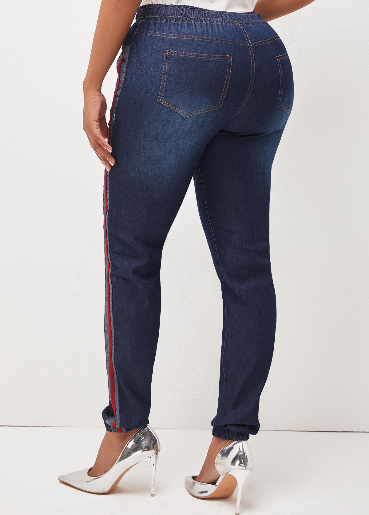 Drawstring Waist Pocket Denim Blue Jeans