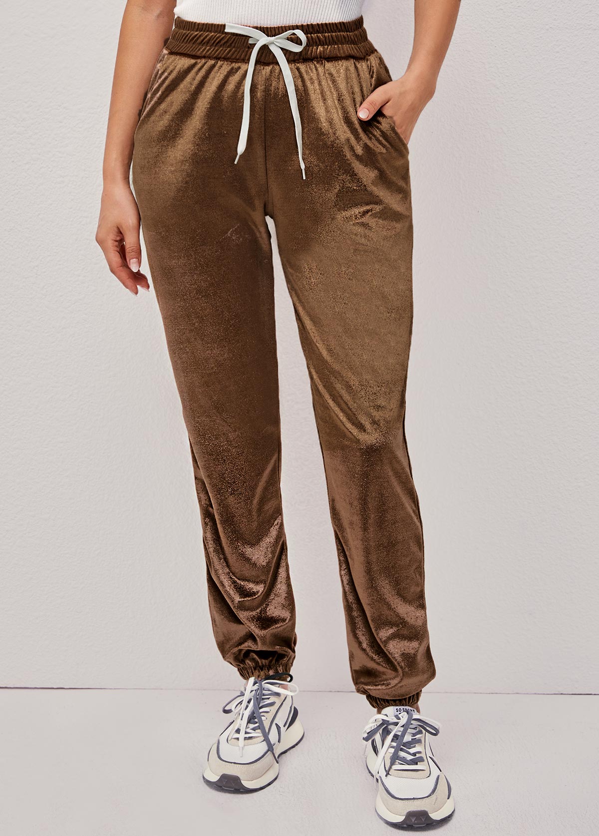 Double Side Pockets Khaki Drawstring Waist Pants