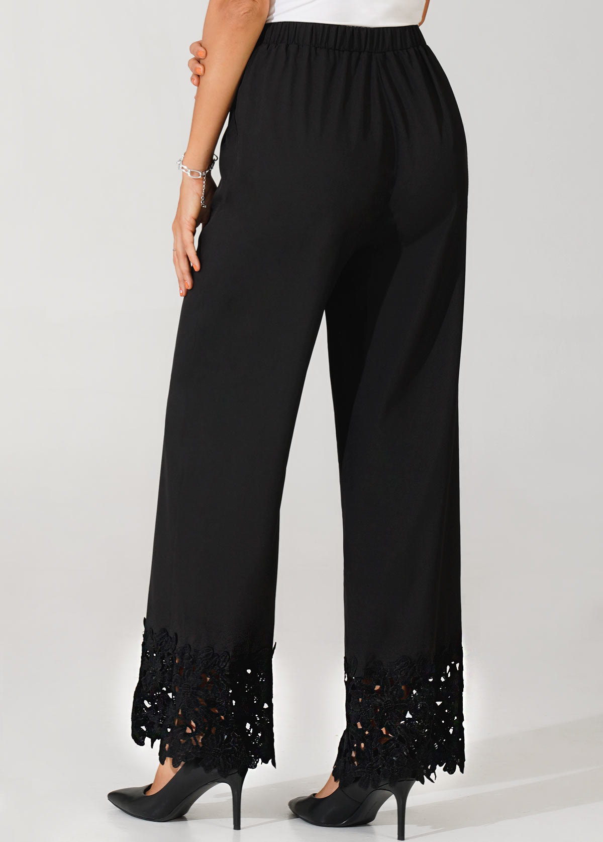 Lace Tape Hem High Waisted Black Pants