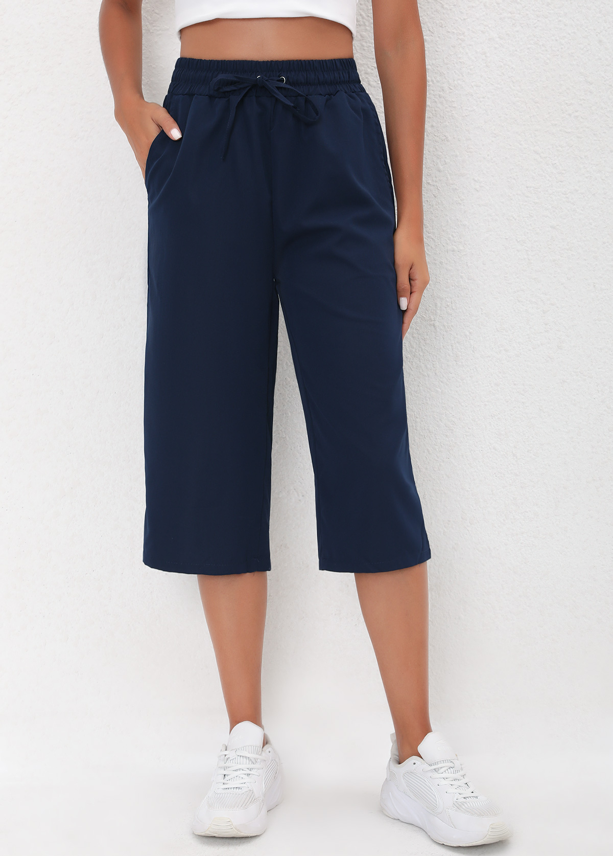 Drawstring High Waisted Navy Blue Pants