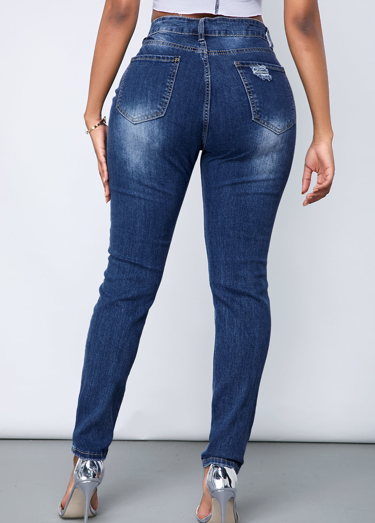 Acid Washed Shredded Slant Pocket Jeans