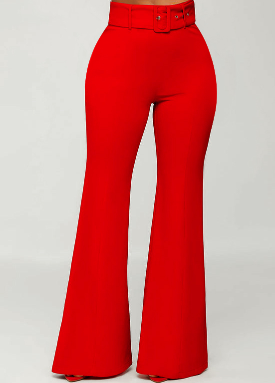 Breathable Belted Red Flare Leg Zipper Fly Pants