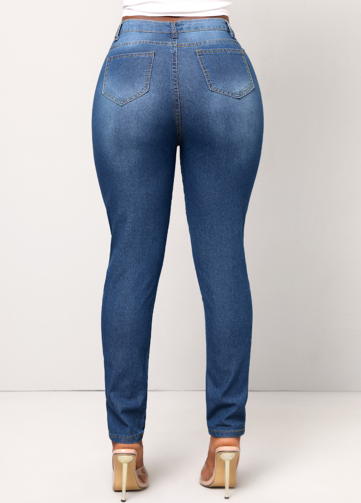 Butterfly Print Double Side Pockets Denim Blue Jeans