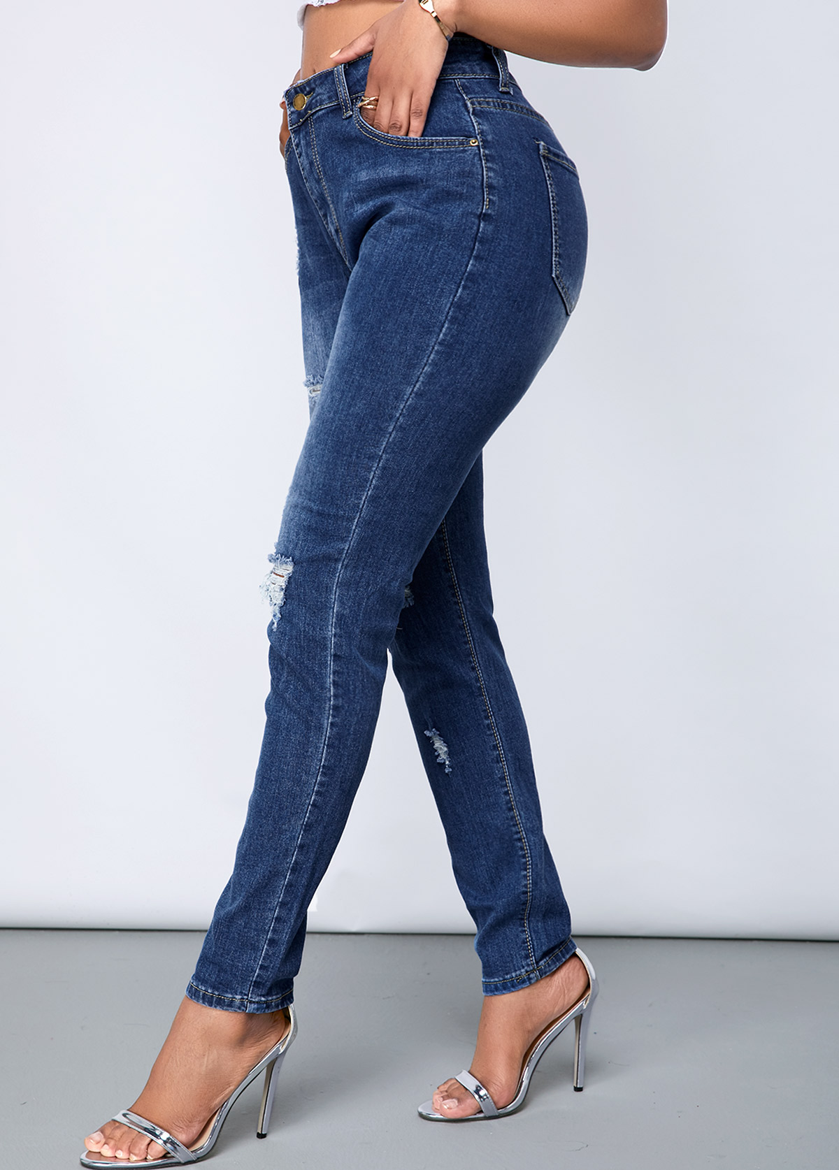 Acid Washed Shredded Slant Pocket Jeans