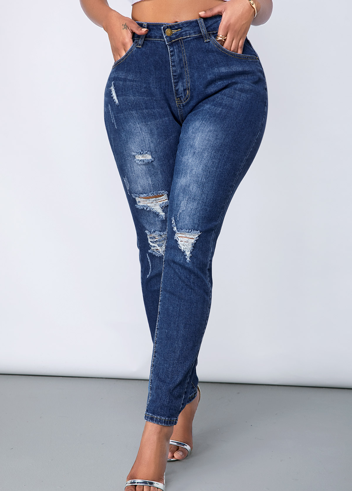 Acid Washed Shredded Slant Pocket Jeans