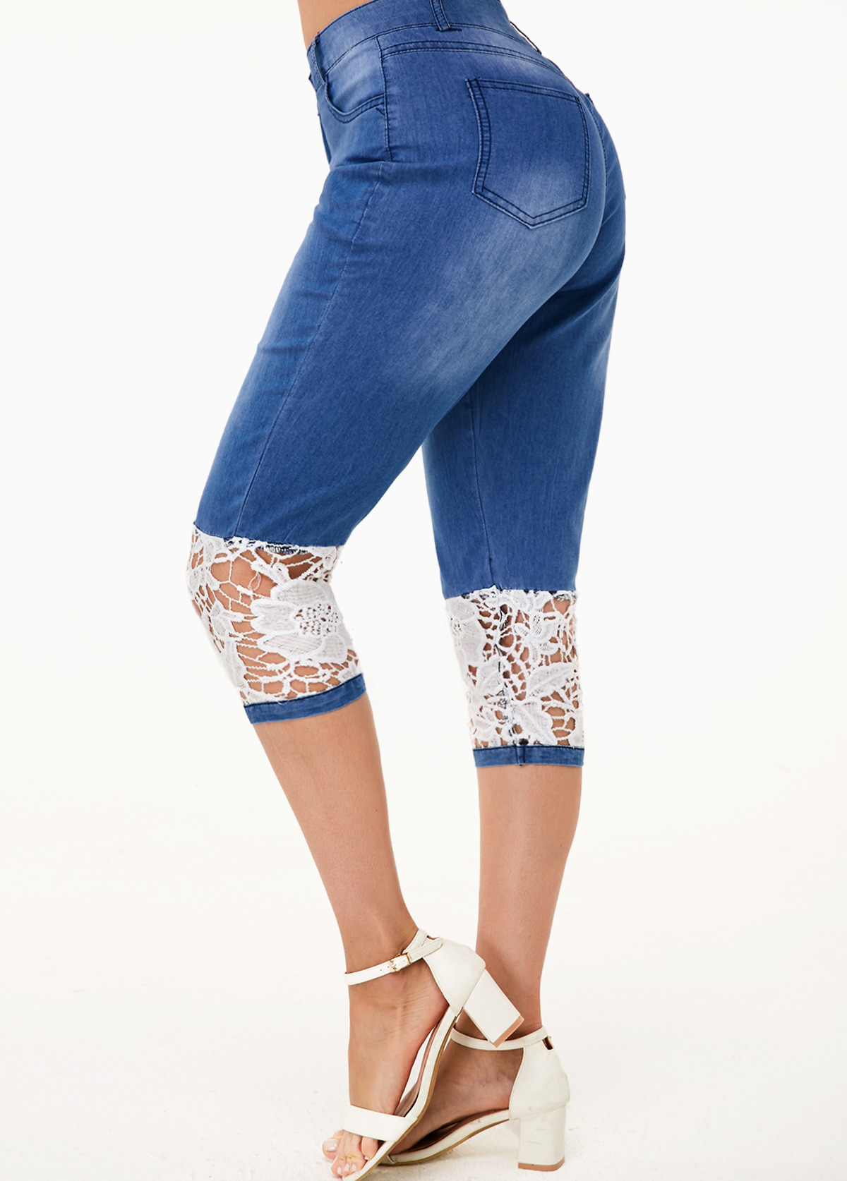Denim Blue Lace Panel Contrast Design Jeans